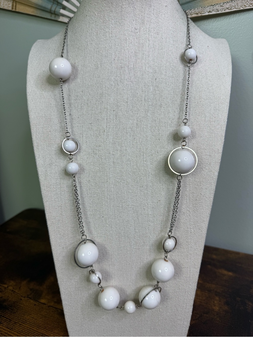Silver-Tone White Bead Statement Necklace - Women Jewelry